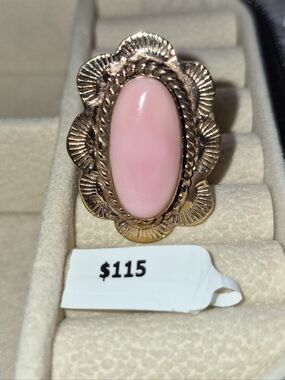 Delicate Pink Cabochon Floral Ring in Gold Tone